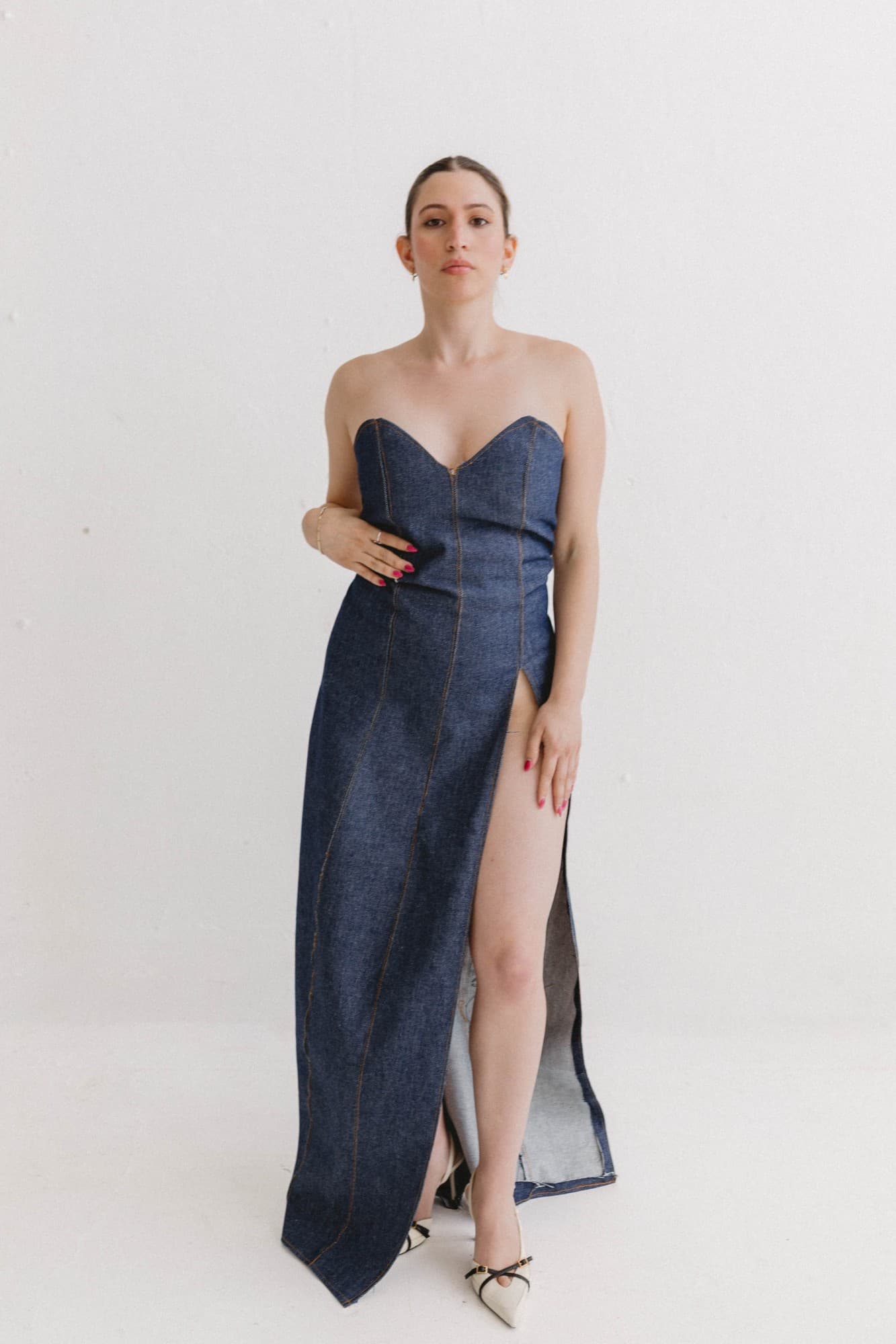 the corset gown, sweetheart neckline and high slit